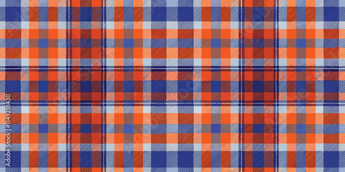 Vibrant plaid pattern featuring blue, orange, and white, ideal for textiles and backgrounds.