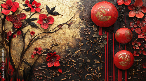 vibrant red and gold decorations for imlek celebrations shine with ornate lanterns, detailed paper cuttings, and cherry blossoms set gracefully against a textured background