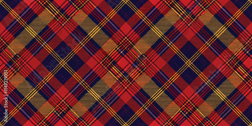 A vibrant tartan pattern featuring rich reds, deep blues, and gold accents in a classic crisscross design.