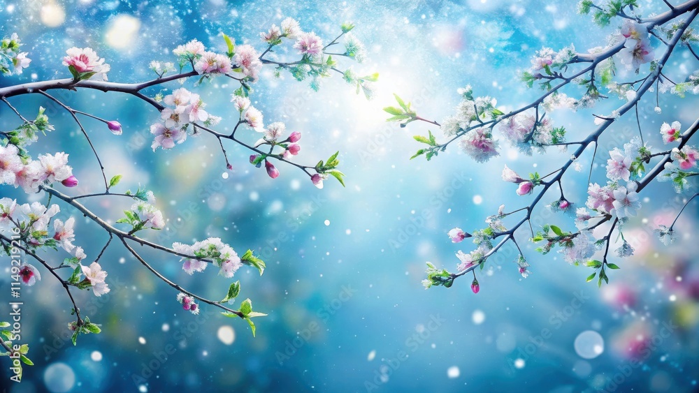 Icy branches adorned with delicate spring flowers and green foliage against a bright blue background, set amidst a serene winter wonderland scene , spring, nature Icy branches adorned with delicate spring flowers and green foliage against a bright blue background, set amidst a serene winter wonderland scene , spring, nature