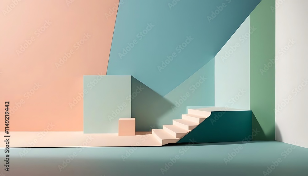 Minimalist pastel room with staircase and cubes Minimalist pastel room with staircase and cubes