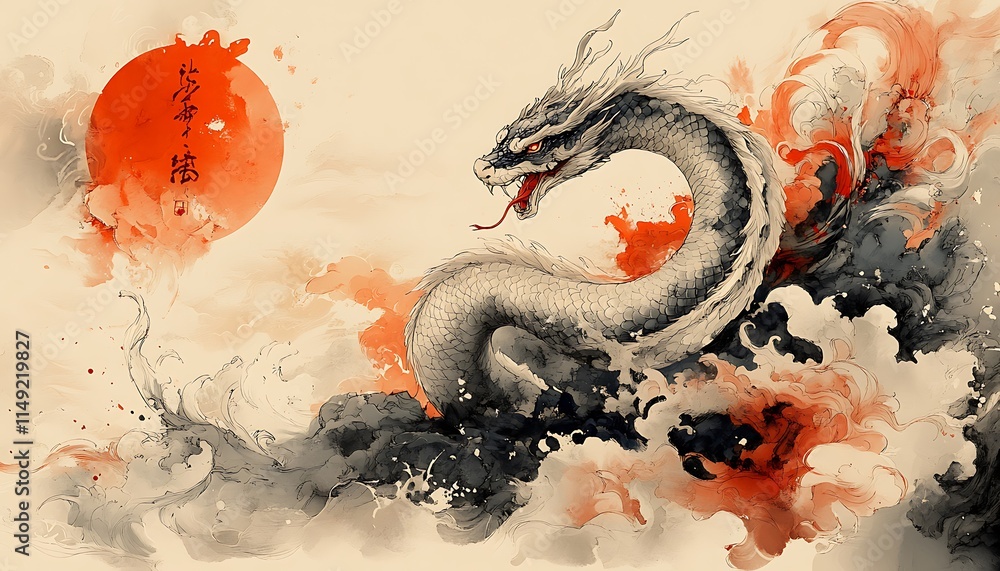 Dragon with a Glowing Red Sun in the Background. Dragon with a Glowing Red Sun in the Background.