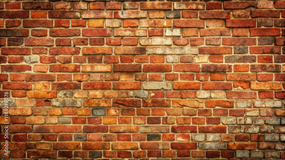 Naklejka premium Ancient red brick wall with a worn, rustic texture and intricate mortar patterns, featuring a subtle blend of earthy tones and aged stone patina , mortar patterns, brick wall