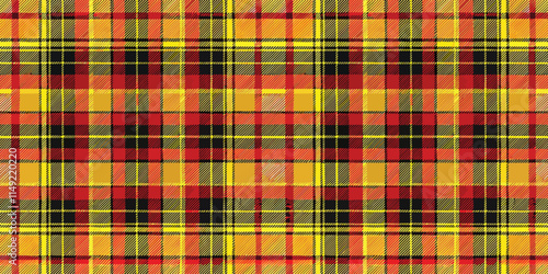 Vibrant plaid pattern in red, yellow, and black tones, perfect for textiles and design projects.