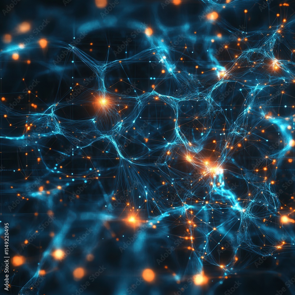 Abstract Network Connection Glowing Blue and Orange Nodes in a Digital Neural Network - Futuristic Technology Background Abstract Network Connection Glowing Blue and Orange Nodes in a Digital Neural Network - Futuristic Technology Background