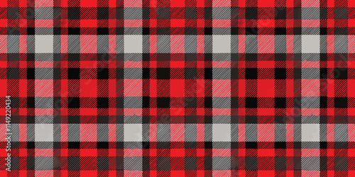 A vibrant red and black checkered pattern with a classic plaid design, perfect for textiles and backgrounds.