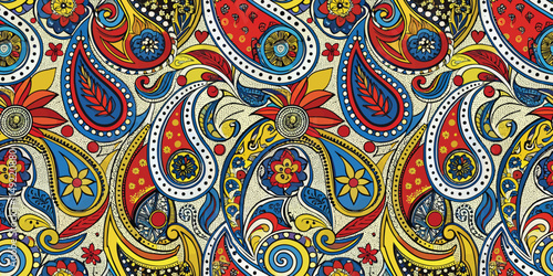 Vibrant paisley pattern showcasing intricate designs in red, blue, yellow, and black tones.