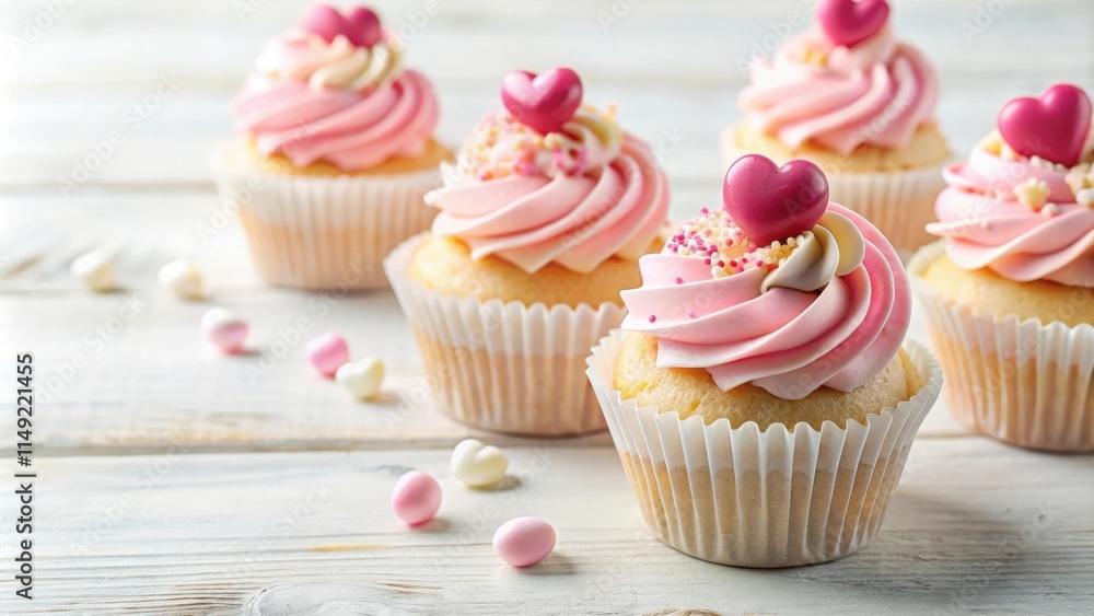 Pastel pink heart-shaped cupcakes on a creamy white background, topped with fluffy buttercream frosting and edible decorations , fondant decoration, food Pastel pink heart-shaped cupcakes on a creamy white background, topped with fluffy buttercream frosting and edible decorations , fondant decoration, food