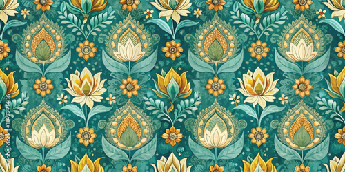 Vibrant floral pattern featuring intricate flowers and leaves in golden yellows and rich greens, creating an elegant design.