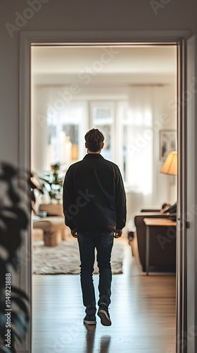 Man Walking Away in Modern Home Interior