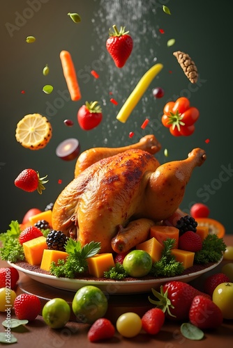 A delicious dish of roast chicken with vegetables and fruit, captured by a professional photographer using food photography techniques, roast chicken and vegetables and floating fruit, soft light.