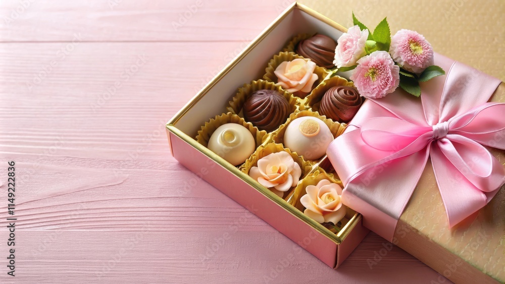 Delicate pink chocolate box with golden ribbon and flowers , chocolate, romantic gift, chocolate Delicate pink chocolate box with golden ribbon and flowers , chocolate, romantic gift, chocolate