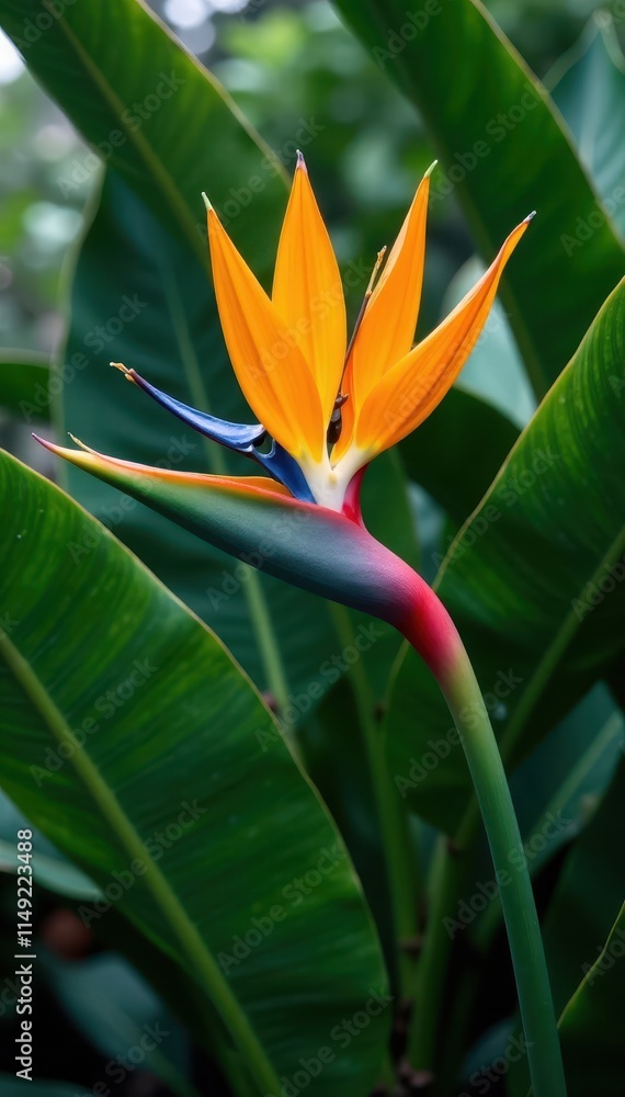Birds of Paradise flower with green tropical leaves and delicate stem , ornamental, leafy