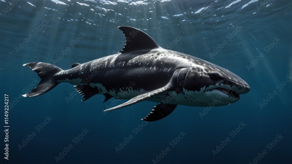 Fototapeta premium Majestic tiger shark swimming underwater in sunbeams.