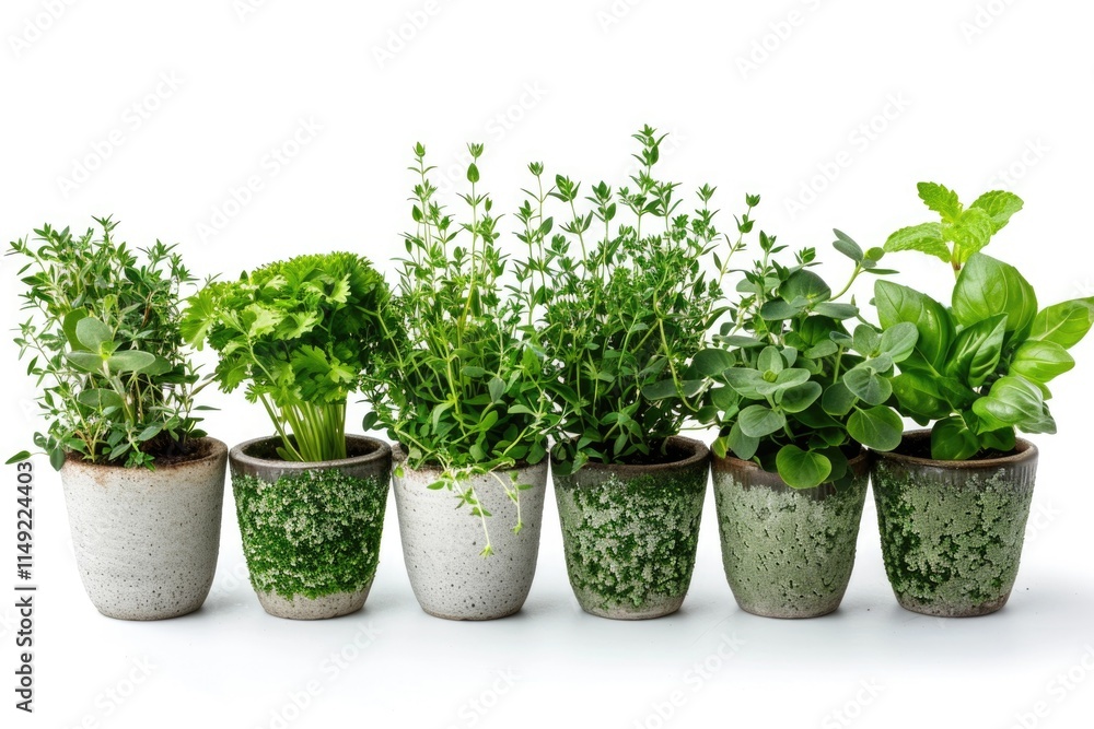 Fresh herbs growing in small pots Fresh herbs growing in small pots