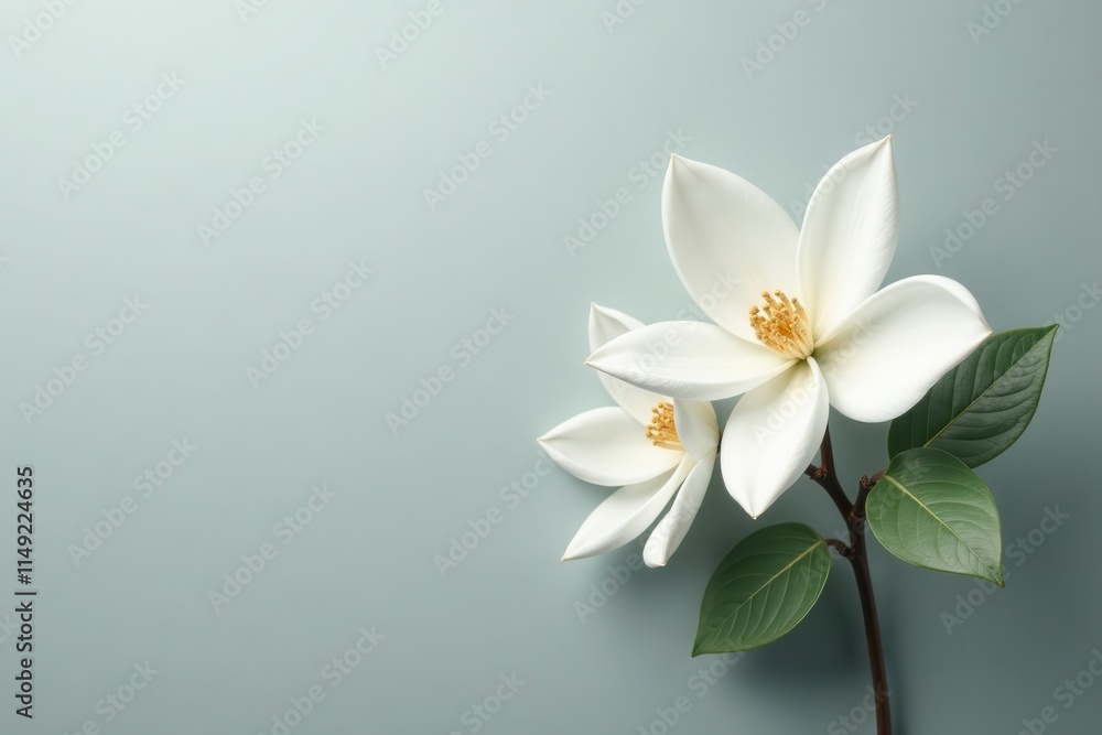 Exquisite white gardenia blossoms float on a soft gray background in a stylized artistic composition , delicate, watercolor Exquisite white gardenia blossoms float on a soft gray background in a stylized artistic composition , delicate, watercolor