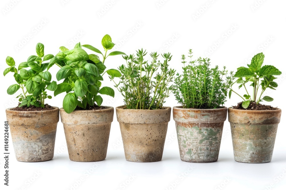 Fresh herbs growing in small pots Fresh herbs growing in small pots