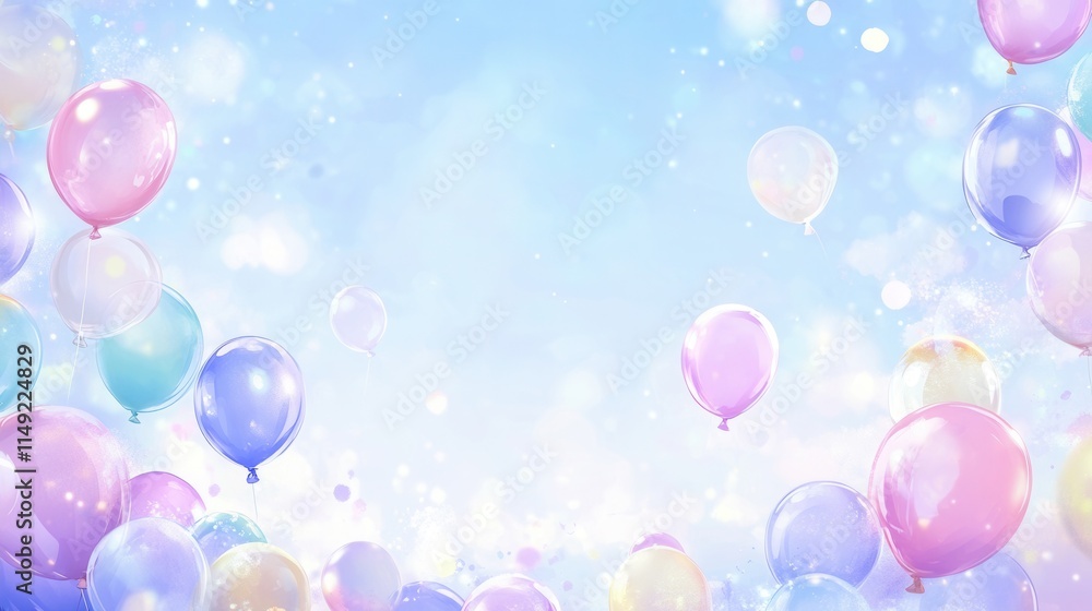 Dreamy Pastel Balloons Floating in a Soft Blue Sky Festive Background for Celebration, Birthday, and Party Designs Dreamy Pastel Balloons Floating in a Soft Blue Sky Festive Background for Celebration, Birthday, and Party Designs