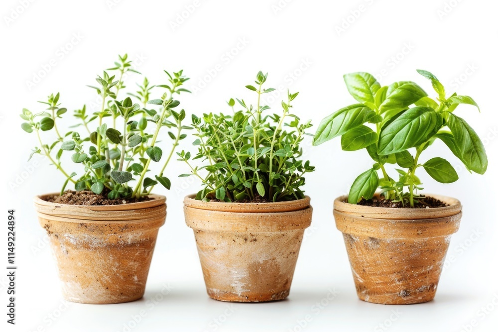 Fresh herbs growing in small pots Fresh herbs growing in small pots