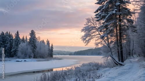 Wallpaper Mural A breathtaking winter landscape with a frozen lake and snow-covered trees. Torontodigital.ca