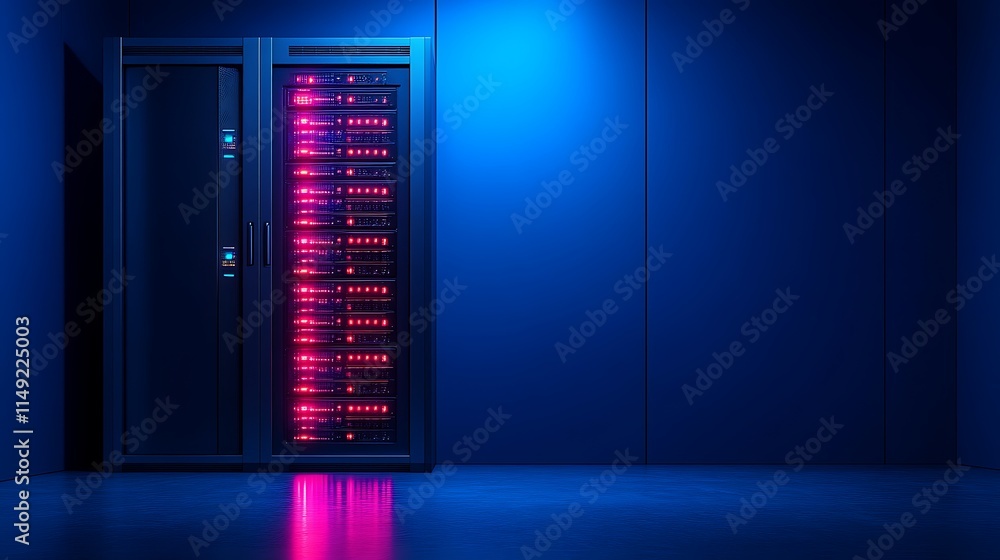 Cyberpunk Server Room: Neon-lit server rack in a dark, futuristic data center. Sleek design, glowing lights, and reflective floor. Perfect for tech, cybersecurity, and futuristic themes.