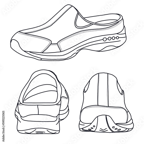 Women's Mules travel sport shoes Line art, Technical sketch hand drawing outline vector doodle various view isolated on white background for coloring page