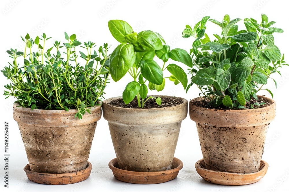 Fresh herbs growing in small pots Fresh herbs growing in small pots