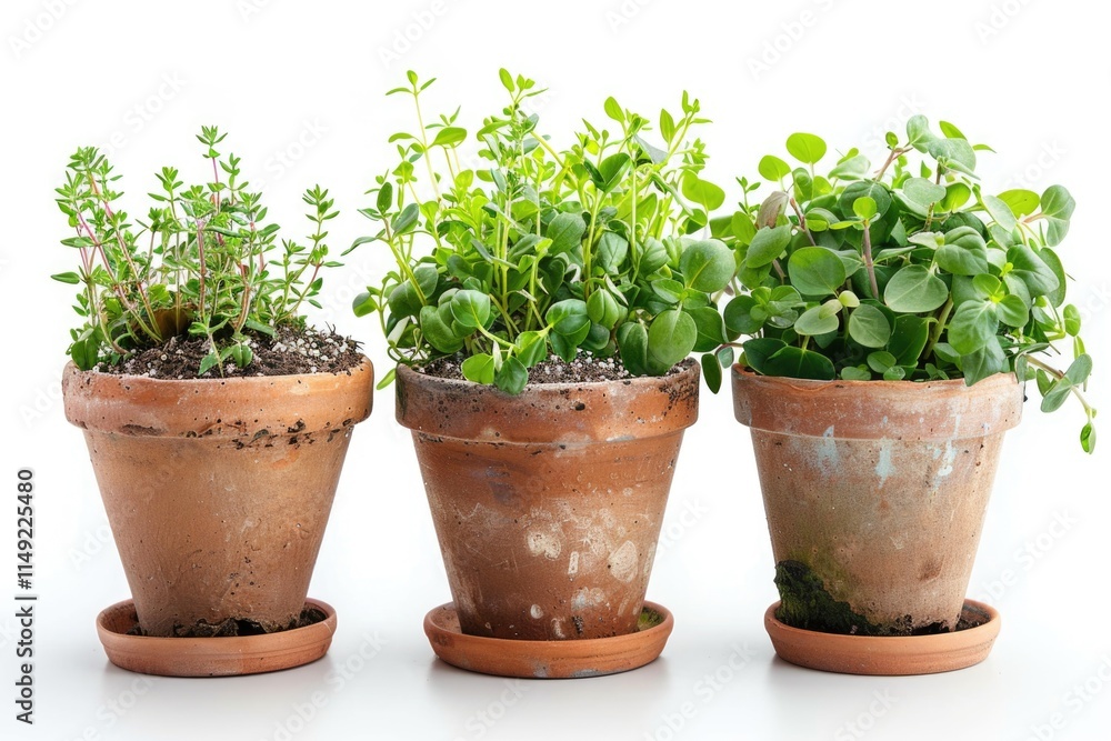 Fresh herbs growing in small pots Fresh herbs growing in small pots