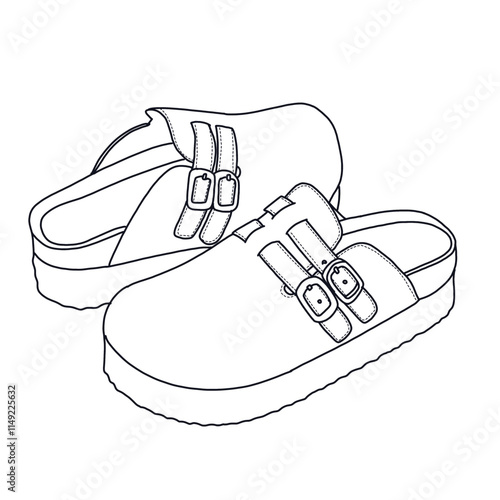 Women's Mules Heeled Memory Foam Shoes Line art, Technical sketch hand drawing outline vector doodle Side and rear view isolated on white background for coloring page