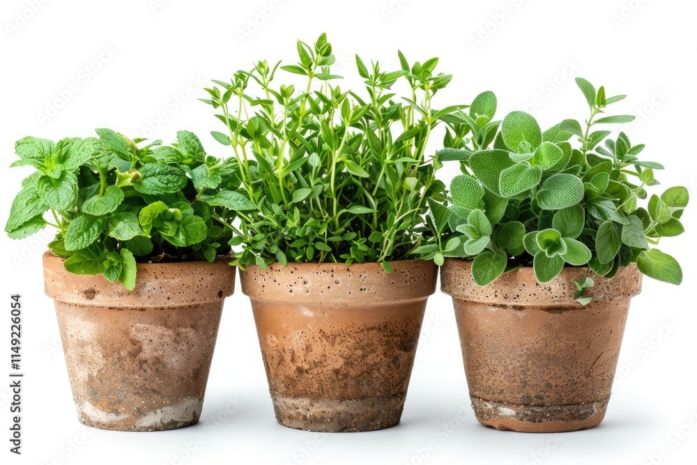 Fresh herbs growing in small pots Fresh herbs growing in small pots