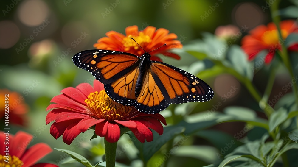 Beautiful zinnia flower with a butterfly perched on it, captured in detail. The close-up view highlights the butterfly's delicate wings and the vivid, fresh bloom Beautiful zinnia flower with a butterfly perched on it, captured in detail. The close-up view highlights the butterfly's delicate wings and the vivid, fresh bloom