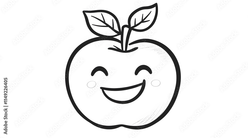 Obraz premium Line drawing of a smiling apple with a leaf on top