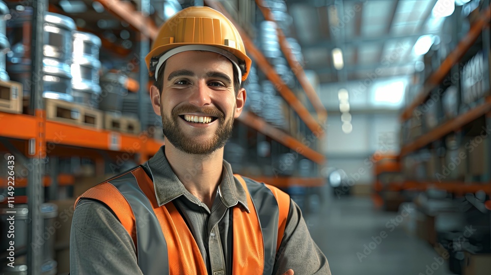 Happy Warehouse Worker in Safety Gear Smiling in a Storage Facility Happy Warehouse Worker in Safety Gear Smiling in a Storage Facility