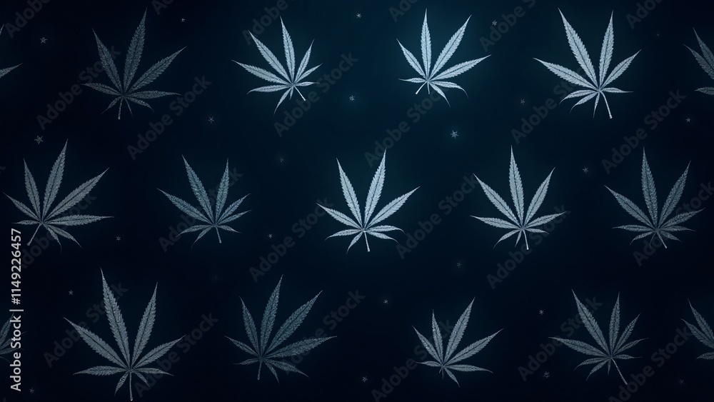 Celestial cannabis pattern with glowing silver leaves arranged like constellations on a gradient navy-black background. Ethereal, elegant, and imaginative design Celestial cannabis pattern with glowing silver leaves arranged like constellations on a gradient navy-black background. Ethereal, elegant, and imaginative design