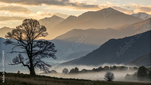 A dramatic landscape with a lone tree silhouetted against a misty mountain range at sunrise. photo