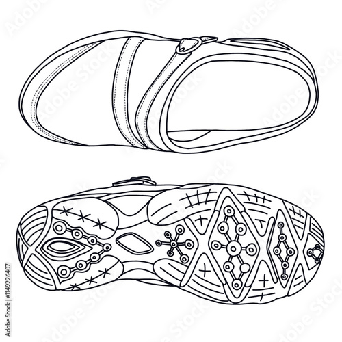 Women's Mules shoes with strap Line art, Technical sketch hand drawing outline vector doodle bottom and top view isolated on white background for coloring page
