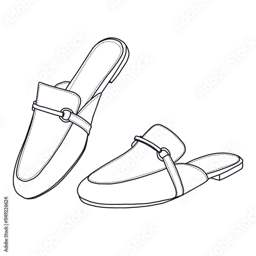 Women's Mules Buckle Flats Comfortable Slip on shoes Line art, Technical sketch hand drawing outline vector doodle side 3D isometric view isolated on white background for coloring page