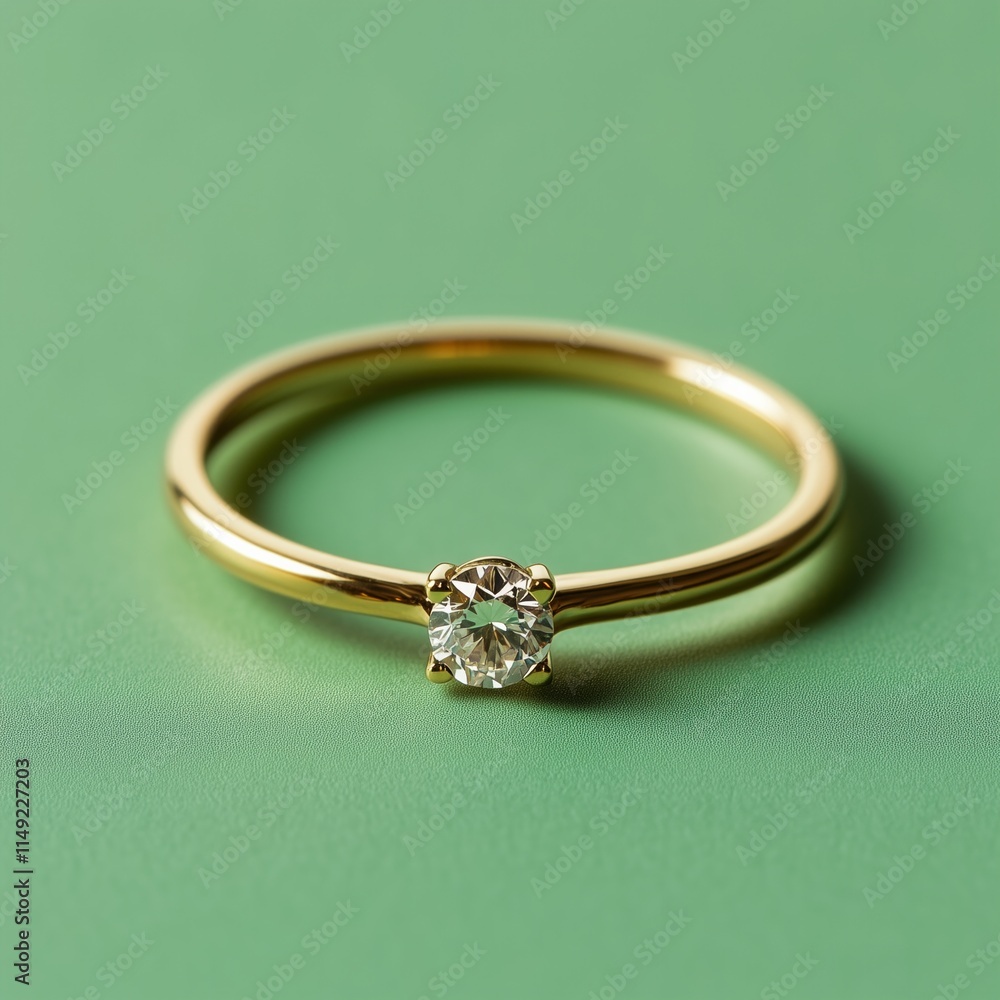 Elegant gold ring with solitaire diamond on green background Elegant gold ring with solitaire diamond on green background