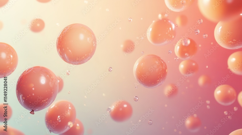 Abstract Background with Floating Peach-Colored Balloons and Sparkling Water Droplets - Pastel Dreamy Design Abstract Background with Floating Peach-Colored Balloons and Sparkling Water Droplets - Pastel Dreamy Design