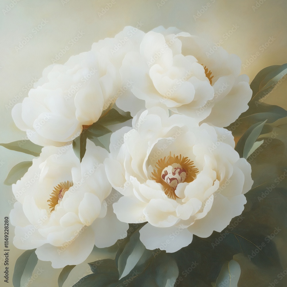 Elegant close up oil painting of white peonies. Beautiful soft focus floral art with vintage romantic style. Bouquet of large white peonies. Soft light, dark tones. Decorative floral composition in Elegant close up oil painting of white peonies. Beautiful soft focus floral art with vintage romantic style. Bouquet of large white peonies. Soft light, dark tones. Decorative floral composition in