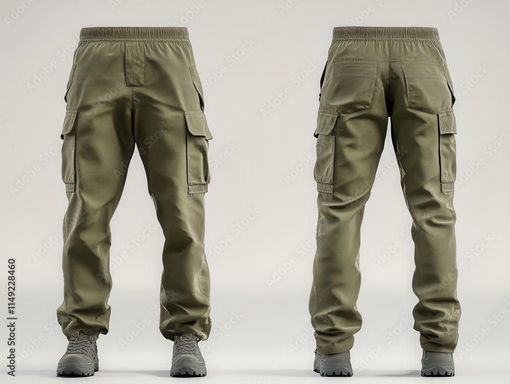 Men's Olive Green Cargo Pants - Front and Back View, Studio Shot - Fashion Apparel Mockup Men's Olive Green Cargo Pants - Front and Back View, Studio Shot - Fashion Apparel Mockup
