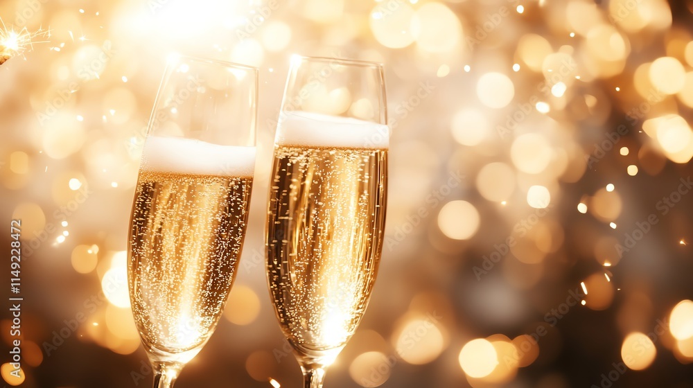 New Year with champagne toasts surrounded by stunning bokeh lights for a festive and elegant party ambiance. New Year with champagne toasts surrounded by stunning bokeh lights for a festive and elegant party ambiance.