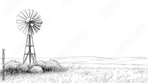 Simple line drawing of a windmill spinning in a field