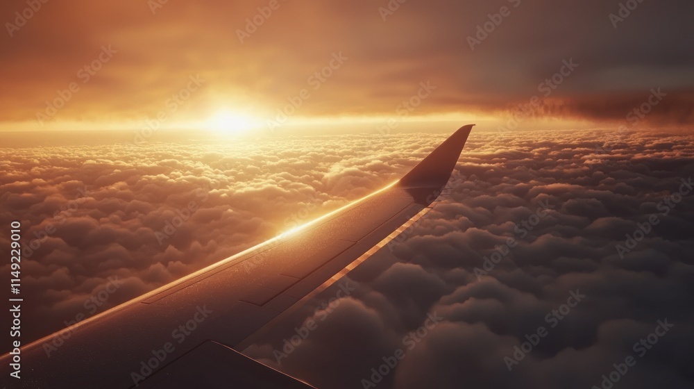 Obraz premium Golden Hour Flight: A breathtaking aerial view of a sunset over a sea of clouds, as seen from an airplane wing.