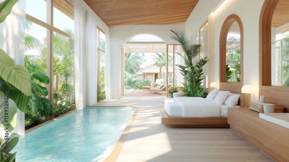 Fototapeta premium Exclusive private ocean villa concept. Luxurious indoor space featuring a serene pool and vibrant greenery, perfect for relaxation and modern living.
