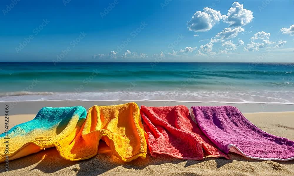 Vibrant Beach Towels on a Sunny Shore Vibrant Beach Towels on a Sunny Shore