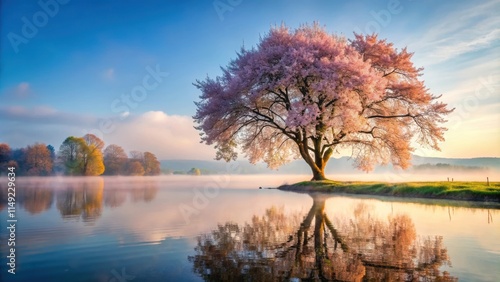 A blooming cherry blossom tree stands alone on a quiet lake shore surrounded by tall trees and a misty morning atmosphere at Fr?hlingstag am Bodensee, bodensee, lake photo