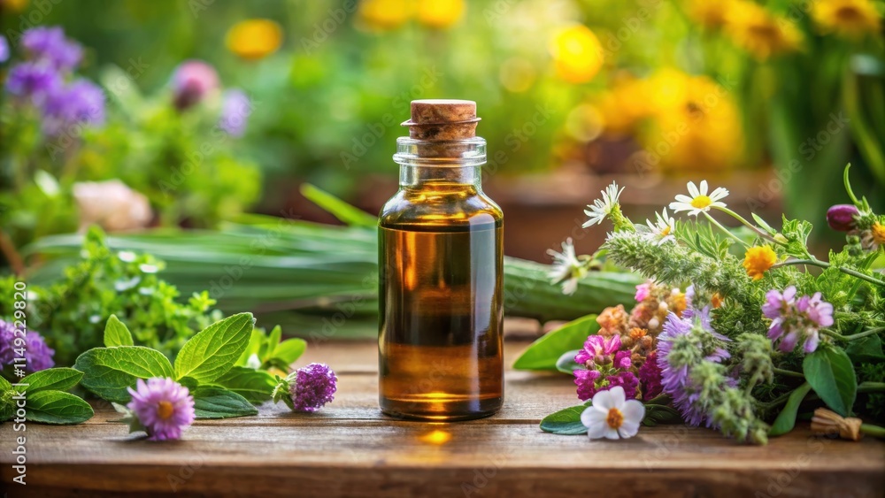 Aromatherapy essential oil blend in a glass bottle with herbs and flowers on a wooden table , spa, aromatics Aromatherapy essential oil blend in a glass bottle with herbs and flowers on a wooden table , spa, aromatics