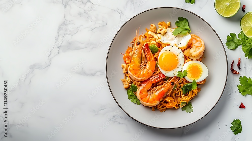 Pad Thai noodles with shrimp and egg served with lime in a clean food concept Pad Thai noodles with shrimp and egg served with lime in a clean food concept