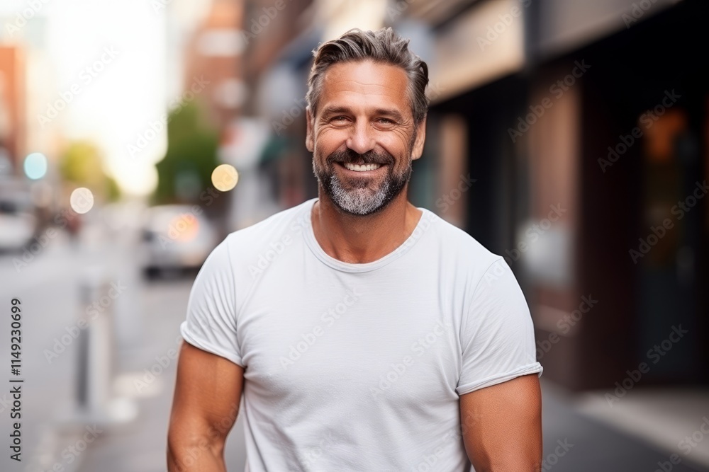 portrait of handsome middle aged man smiling at the camera in the city portrait of handsome middle aged man smiling at the camera in the city
